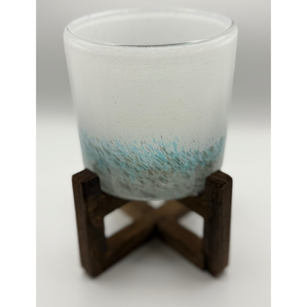 Frosted Ombre Glass Vessel with Wooden X-Base Stand White Blue Coastal Decor - Picture 1 of 4